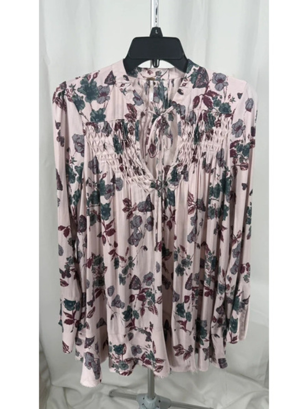 Free People Blouse Small Pink Floral Butterfly Print Smocked Boho 1016